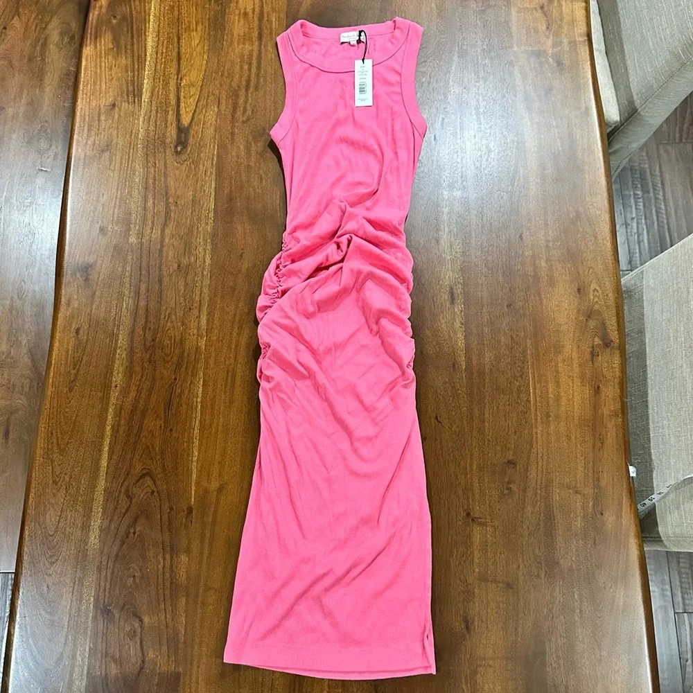 New! Michael Stars Wren Ruched Midi Dress Ribbed Knit Bodycon Womens Size Small - Picture 2 of 7